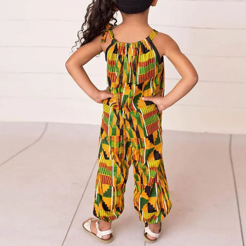 

Girls Vintage Printed Jumpsuit Overalls Summer Children Spaghetti Strap Loose Bodysuit