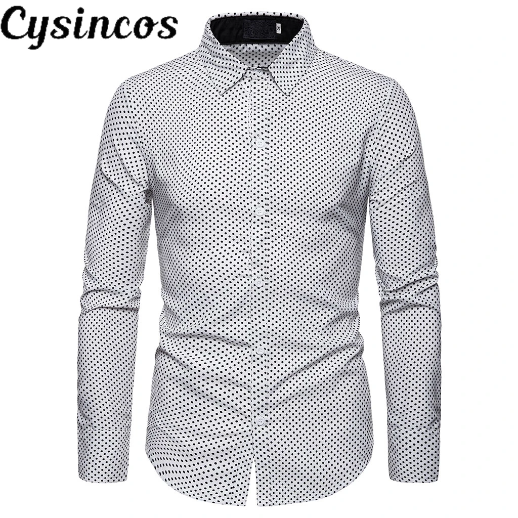 Мужская приталенная рубашка в горошек CYSINCOS повседневная с длинным рукавом