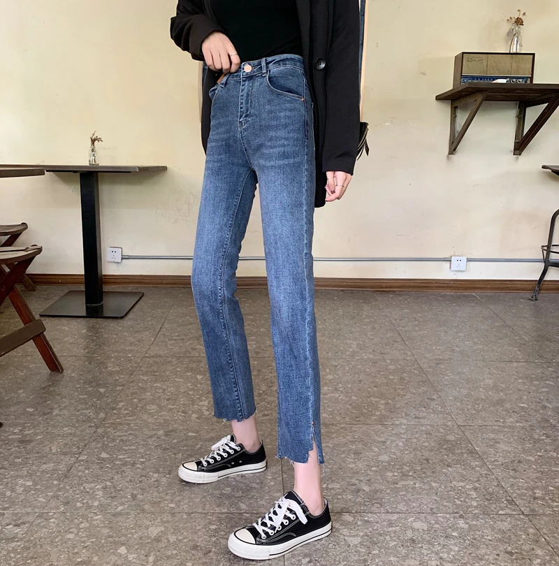 

DD0447 New high-waist slim-fit cropped trousers jeans with irregular raw edges and slits