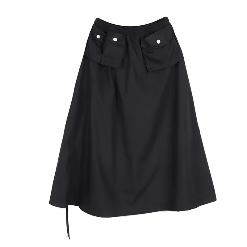 

High Elastic Waist Black Pocket Drawstring Irregular Half-body Skirt Women Fashion Tide New Spring Autumn 2020