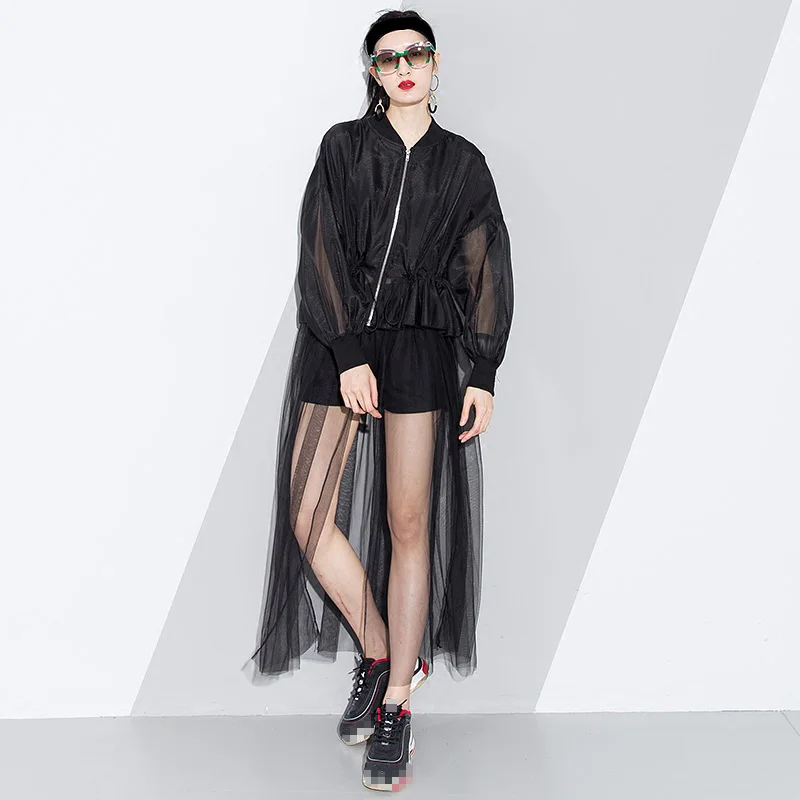 

Mesh Long Trench Coat Female Patchwork Draw String High Waist Lantern Sleeve Zipper Windbreaker Women 2021 Spring