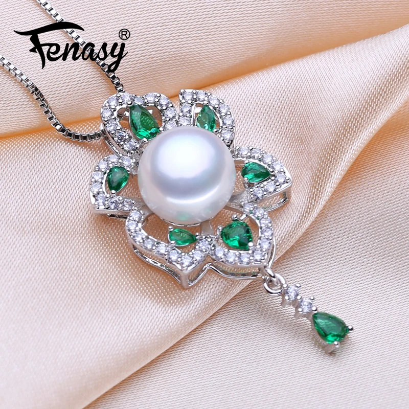 

FENASY 925 Sterling Silver Luxury Emerald Pendant Bohemian Party Natural Freshwater Pearl Necklaces For Women Idea Gift