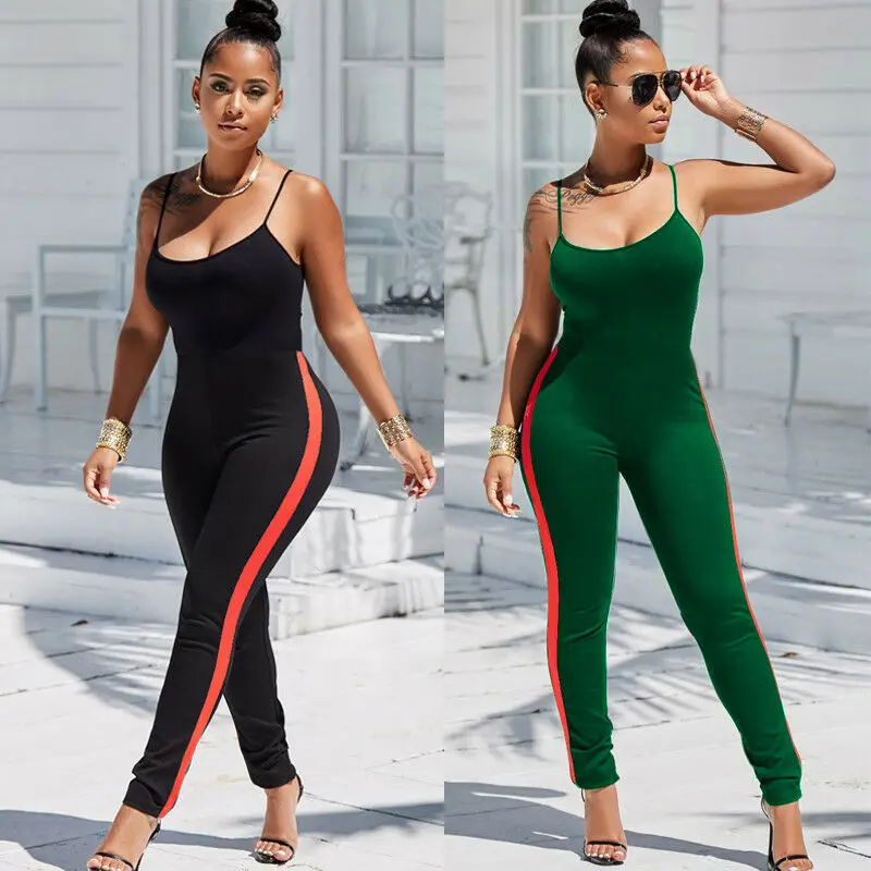 Sexy Women Jumpsuit Side Striped Yoga Set Running Sports Gym Fitness Leggings Pants Sleeveless Rompers Summer Tracksuit