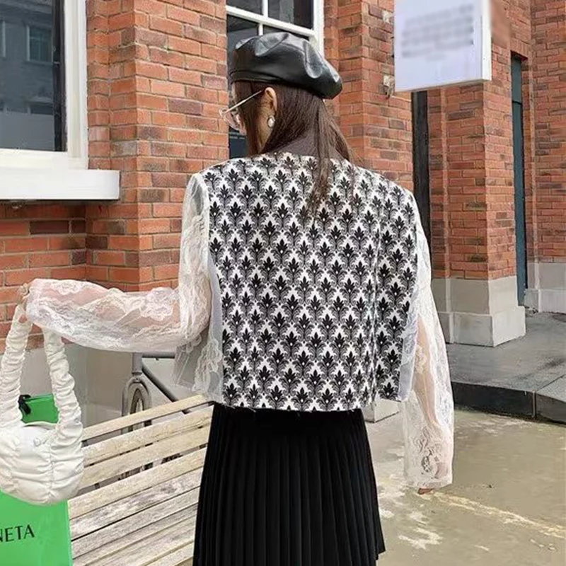 

VGH Elegant Patchwork Lace Blazer For Women Notched Long Sleeve Hit Color Straight Loose Blazers Female Summer Fashion 2021