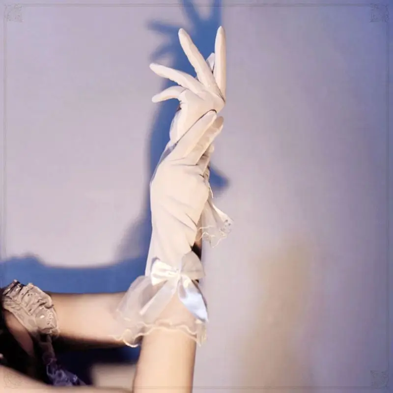 

Wedding Bridal Sheer Mesh Thin Short Gloves Satin Bowknot Wavy Ruffles Mittens
