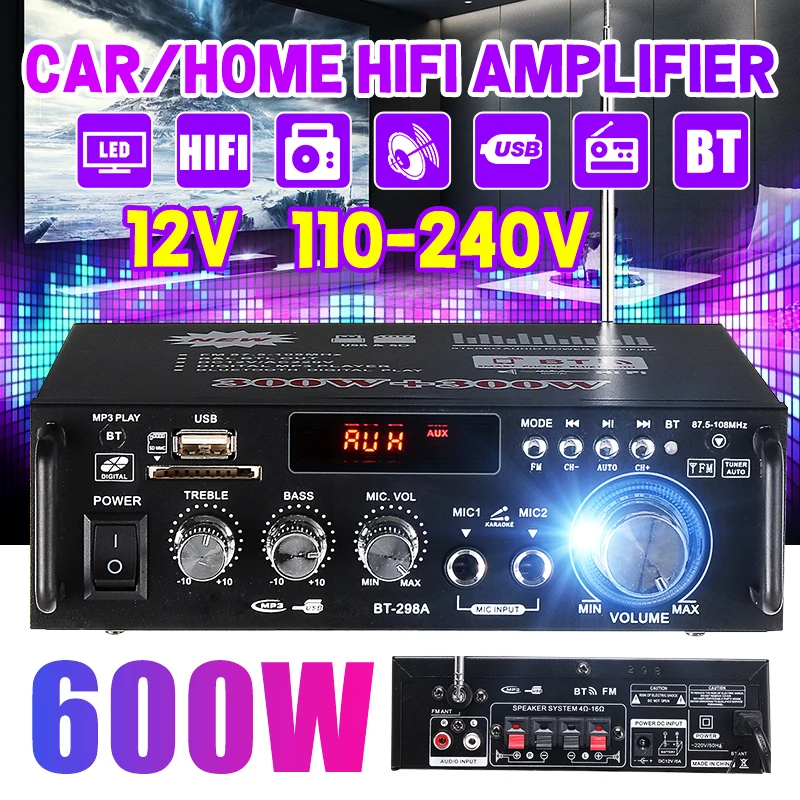 Усилитель аудиосигнала 300 Вт + Hi-Fi 2 канала 600 220 В аудиосистема мини-усилитель FM USB SD