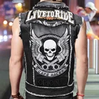 Мужской мотоциклетный джинсовый жилет, Байкерский жилет в стиле панк-рок, с несколькими заклепками, с вышивкой черепа, джинсовая куртка без рукавов