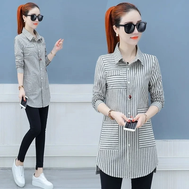 

2022 Spring Autumn New Cotton Shirt Jacket Women Coat 4XL Blouse Long-Sleeved Striped Single Breasted Tops Female L665