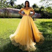yellow princess prom dresses 3d flower appliqued off shoulder side split a line garden formal party evening gowns robe de mari%c3%a9e