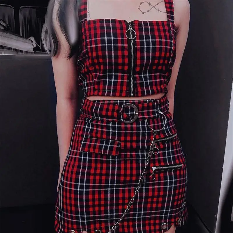 WannaThis Красный клетчатый женский костюм из двух предметов в готическом стиле