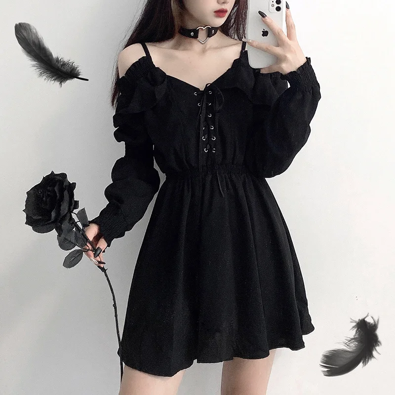

Female dress plus size 4xl lace up to black autumn 2020 sexy waist high femme dress off the shoulder long sleeve gothic clothes