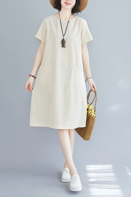 

COIGARSAM Casual Striped Women dress New Loose Dresses Green Red Apricot 137