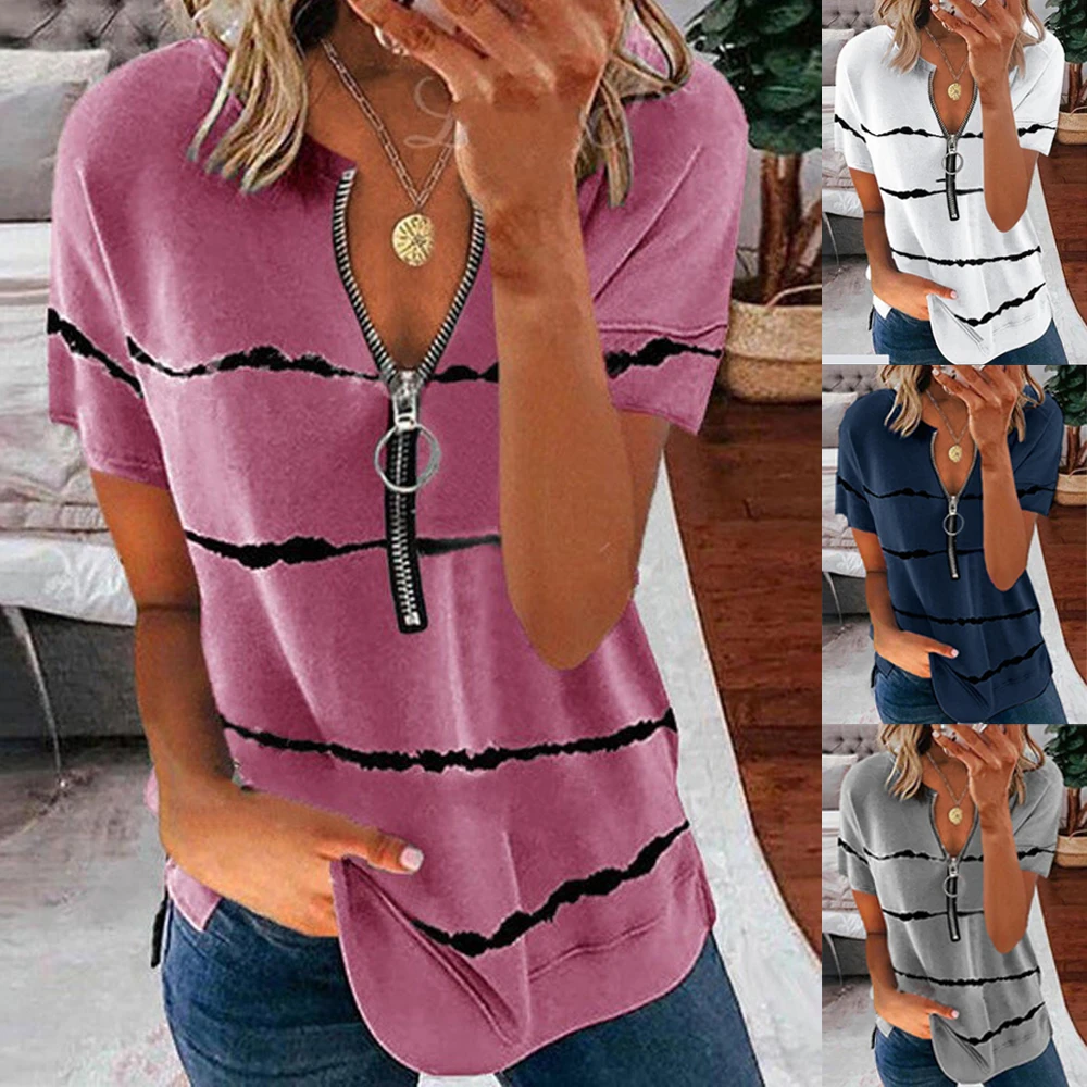 

Summer Casual Women Blouse Shirts Retro V Neck Zipper Short Sleeve Tops Elegant Office Ladies Work Shirt Blusa Feminina D30