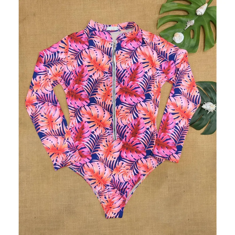 

2021 New Sleeves Print Swimsuit Women's One Piece Long Sleeve Swimsuit Female Swimwear Monokini Bathing Suit Surfing Swimming