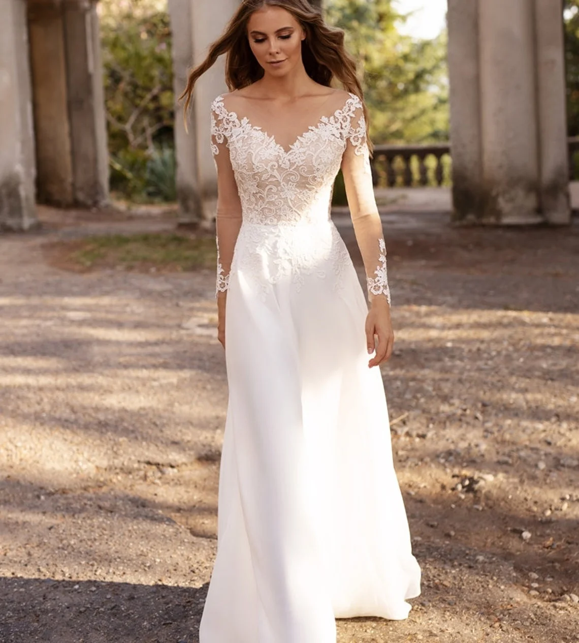 

11536 # элегантное шифоновое платье с длинным рукавом и вырезом лодочкой в стиле бохо, простое кружевное ТРАПЕЦИЕВИДНОЕ свадебное платье со шл...