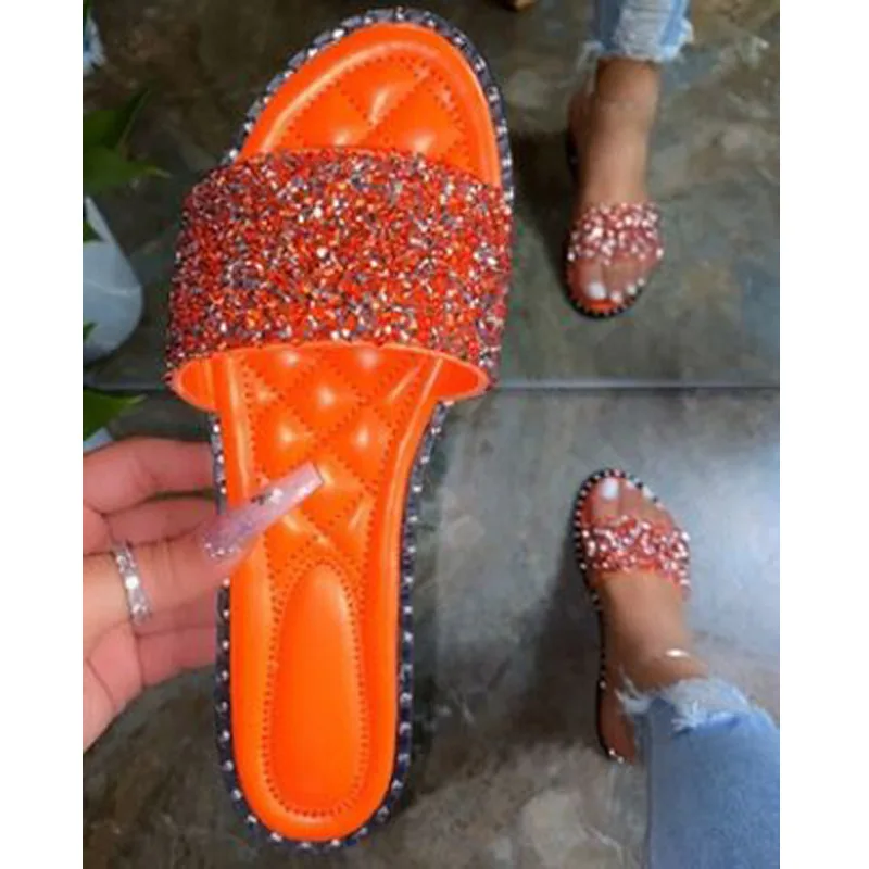 

HOT Summer Shoes Woman Round Head Flat-bottom Ling Rhinestone Slippers Beach Plus Size Crystal Laides Flip Flops Slides New