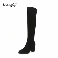 brangdy genuine leather woman over the knee boots fashion square heel round toe women shoes zipper women winter boots warm fur
