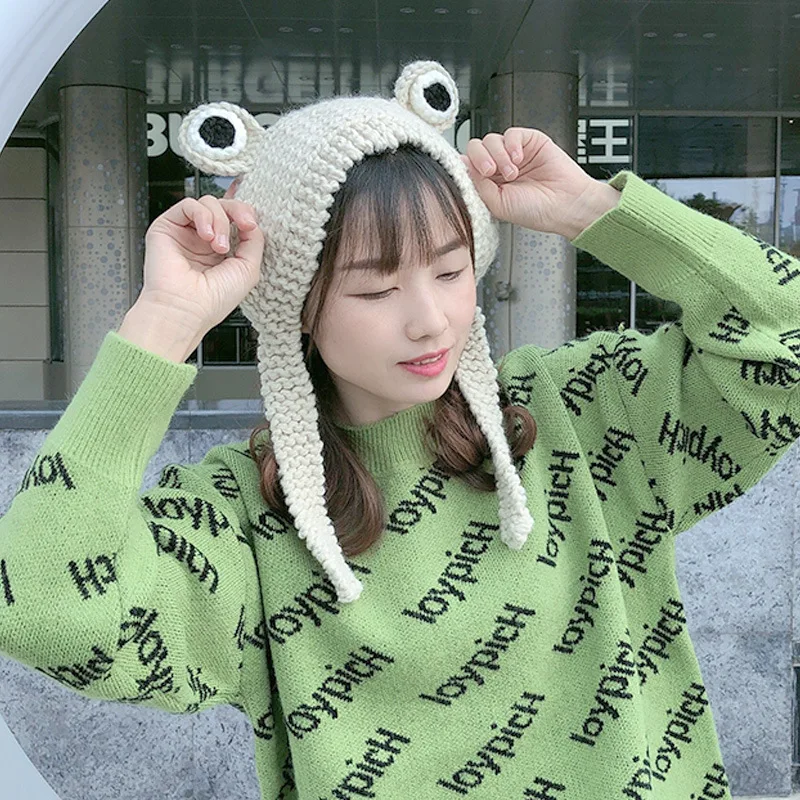 Женская осенне-зимняя вязаная шерстяная шапка в виде лягушки милые головные