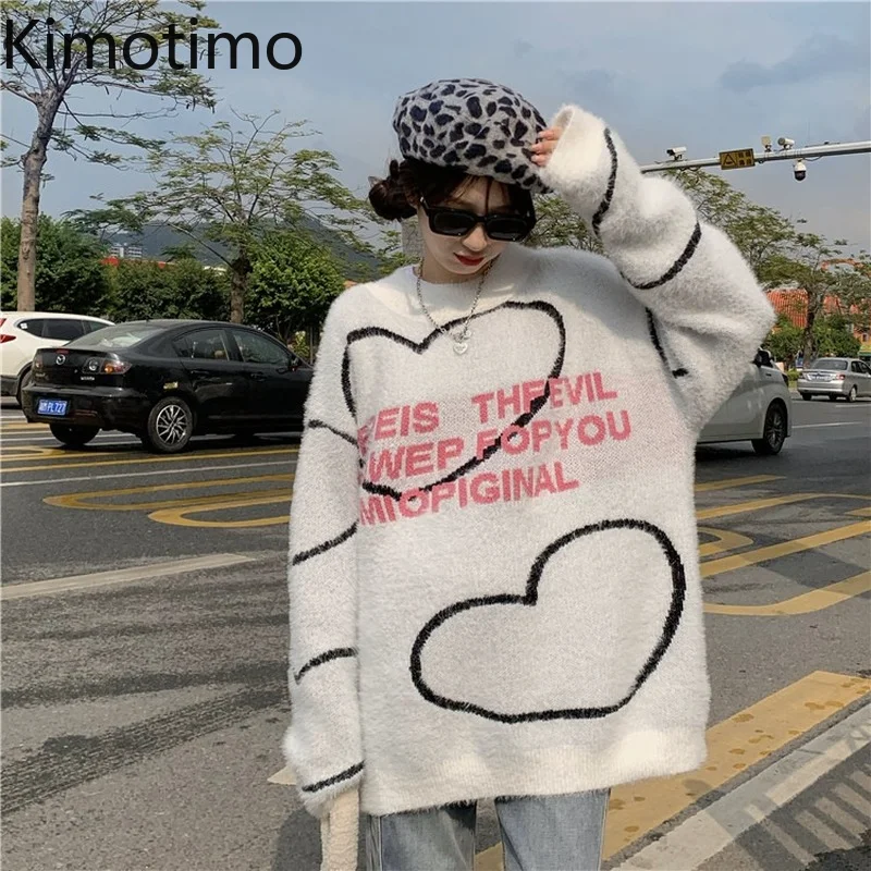 

Женский вязаный пуловер с длинным рукавом, свободный свитер с надписью в форме сердца, в Корейском стиле, Осень-зима