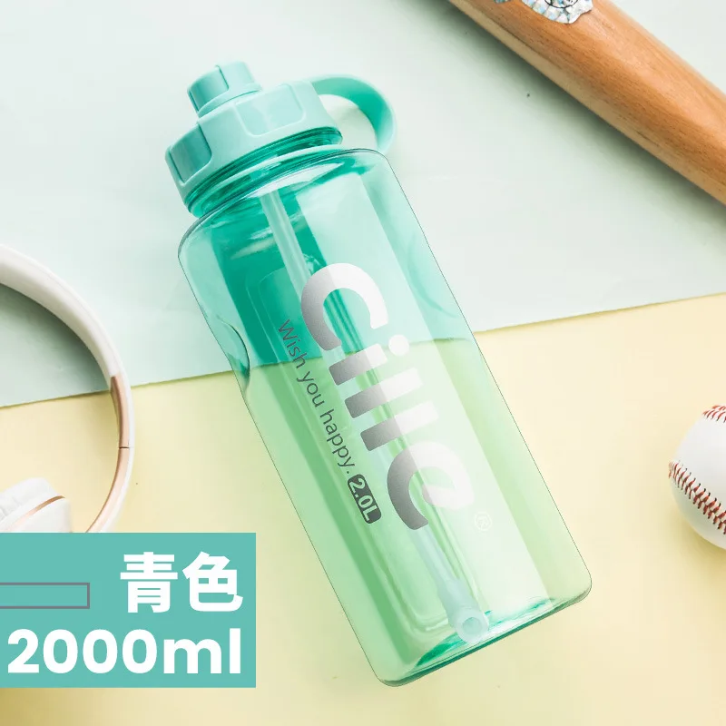 Green-2000ml Бренд 1000 мл 2000 мл Спортивная бутылка для воды с соломинкой 1Л 2л 3л BPA бесплатно пластиковая бутылка для воды Питьевая Бутылка космические бутылки - Цвет: Green-2000ml