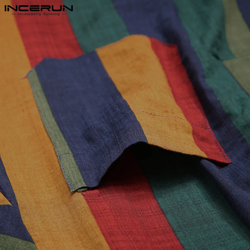 INCERUN Vintage Striped Sleep Robes Men Fashion Long Sleeve Sleepwear Stand Collar Buttons Nightgown Man Loose Cotton Bathrobes