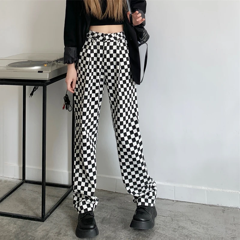 

Черные белые шахматные джинсы Harajuku для мужчин и женщин, уличная одежда, свободные прямые брюки с широкими штанинами, хлопковые винтажные по...