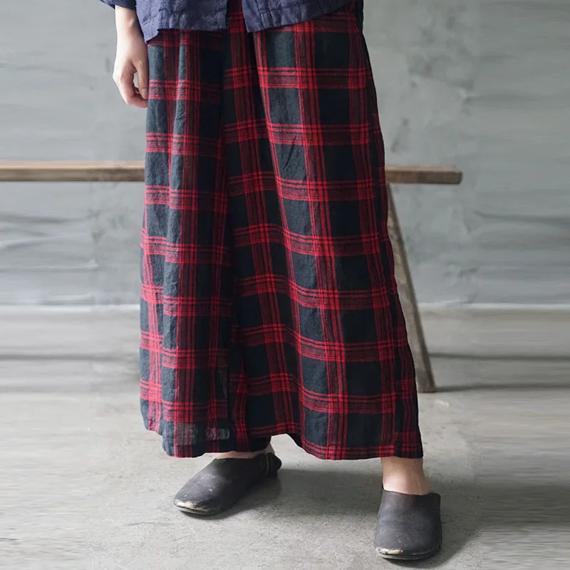 Для женщин клетчатый хлопчатобумажный элистичные средней посадки прямые брюки