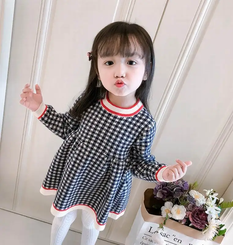 

Plaid Sweater Dresses for Baby Girl Knitting Wool Long Sleeve Sweet Dress for Baby Clothes 0-4T E8814