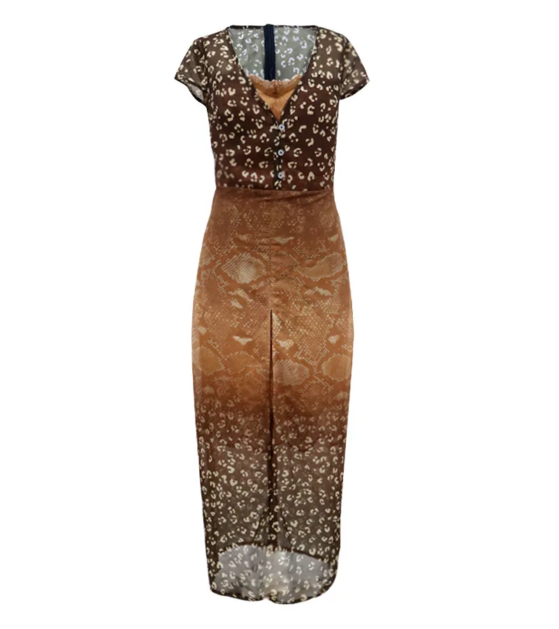 

2021 New Spring Summer Deep V Short Sleeve Sexy Retro Long Skirt Crop Slim Personality High Waist Stitching Temperament Dress