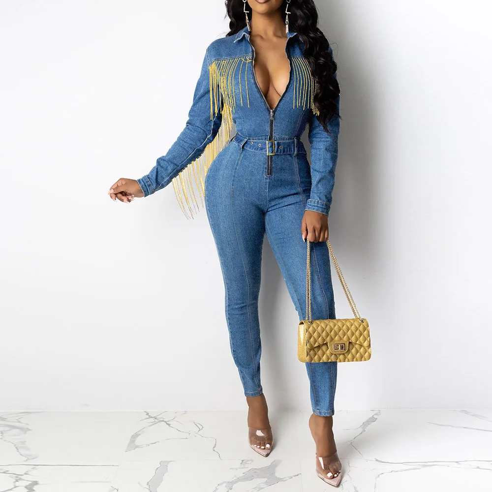 Сексуальный джинсовый комбинезон с v образным вырезом и кисточками длинным