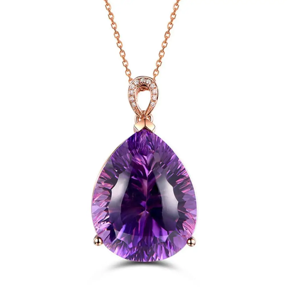 

18k rose gold color Big amethyst gemstones crystal pendant necklace for women diamonds luxury bijoux jewelry party gift choker