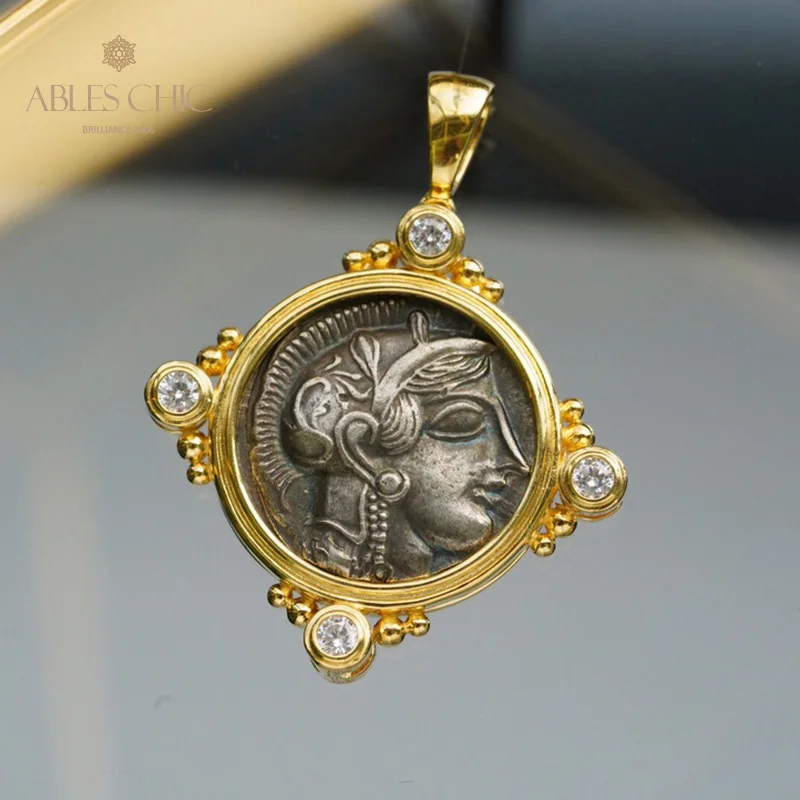 925 Solid Silver Roman Antique Coin Double Side Pendant 18K Gold Tone Ancient Sculpture Zircon Accent Necklace C11N3S25779