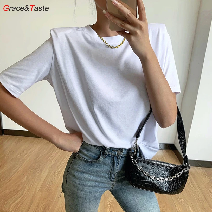

Fashion OL Tees Shoulder Pads Short Sleeve Top T-Shirts Simple Cool Silky Smooth Loose Elegant Beautiful Comfortable Autumn Tops