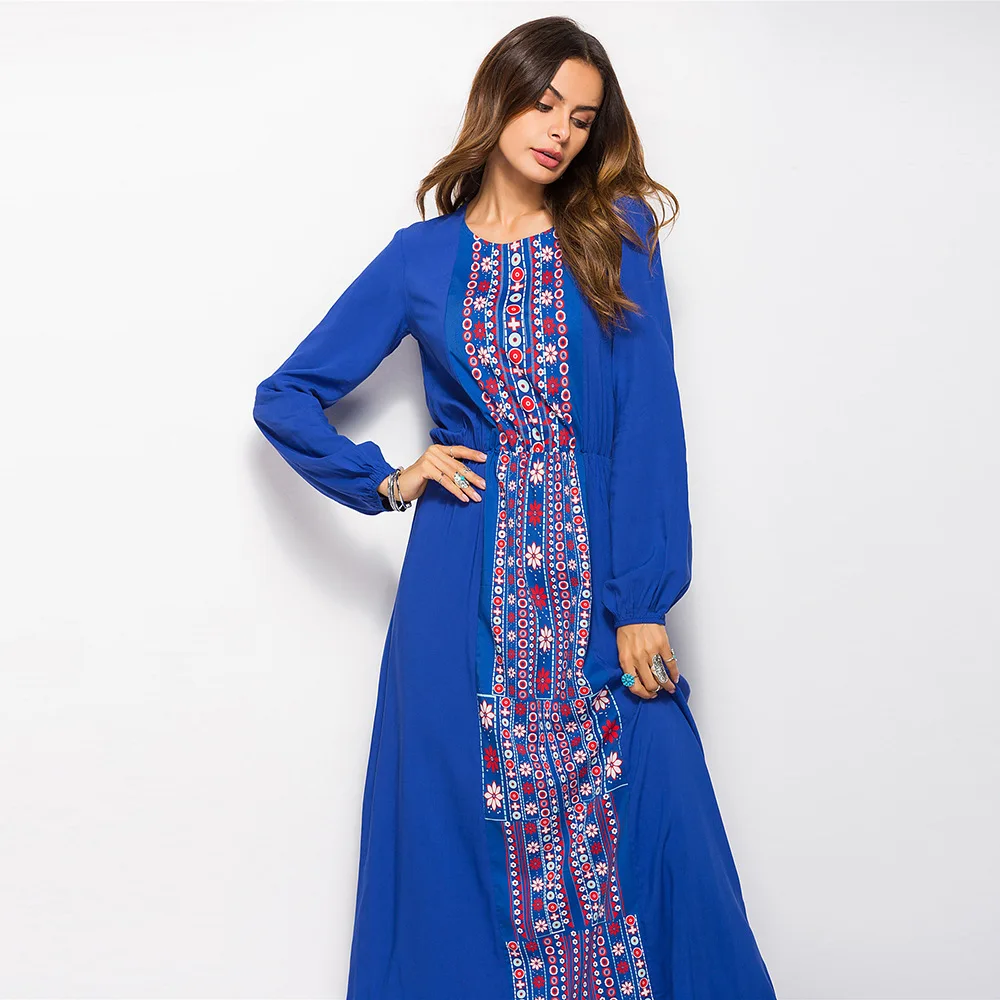 

Summer Casual for Elegant Women New Print O-Neck Waist Regular Long Sleeve A-Line Ankle-Length Dresses