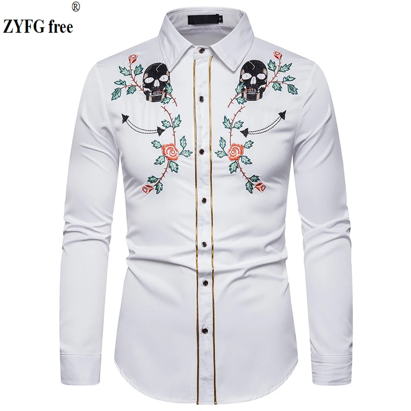 Мужская рубашка с длинным рукавом цветочной вышивкой | одежда