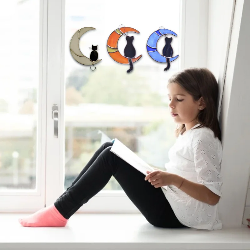 Витражные витражные настенные наклейки в форме кота на Луну окна Ловца солнца