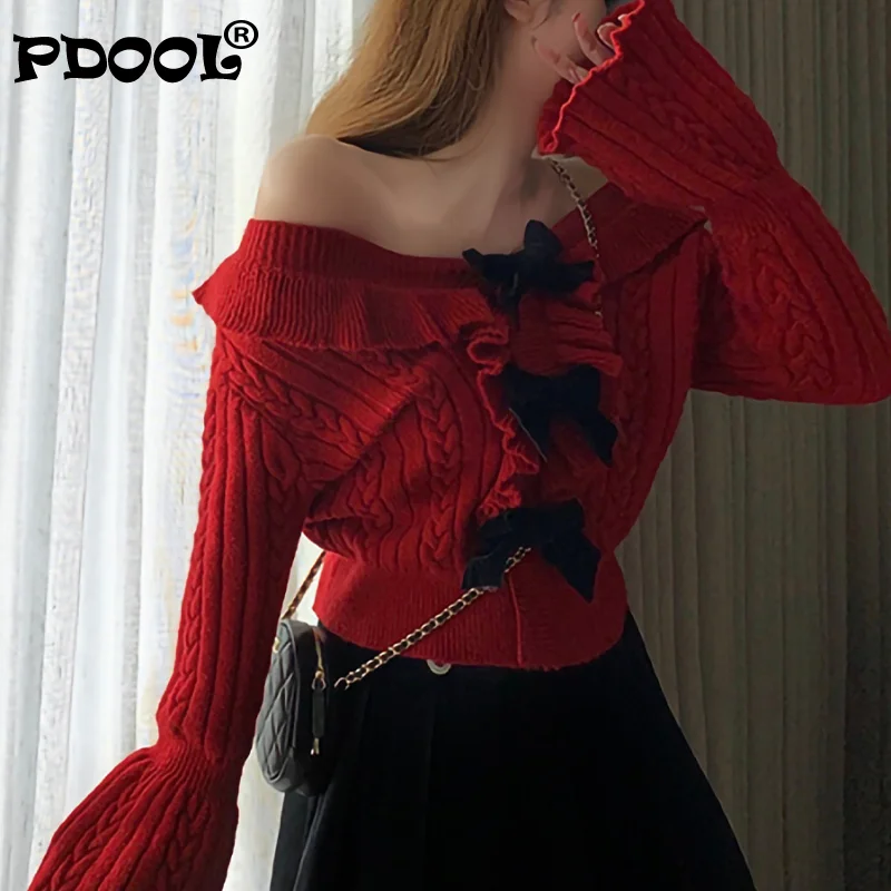 

New 2021 V-neck Ruffled Trim Sweet Bow Women's Long-sleeved Sweater Cardigan Flare Sleeve Slim Fit Ladies Fashion Outfit Onesize