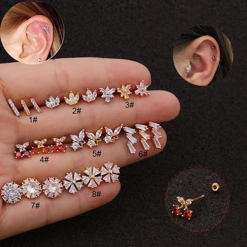 

1Pc Stainless Steel Zircon Flower Crown Piercing Cz Ear Studs Helix Piercing Cartilage Earring Rook Tragus Couch Stud Piercing