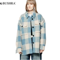 bushra winter plaid woolen cloth coat single breasted casual overcoat tops woolen pocket jacket autumn vintage 2021 fashion