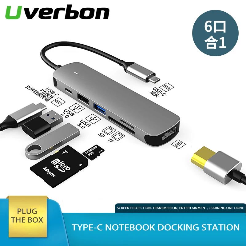 

USB Type C HUB HDMI-совместимый адаптер 6 в 1 Φ 3,0 To HDMI-совместимый с поддержкой PD быстрой зарядки SD TF карты для MacBook ноутбуков