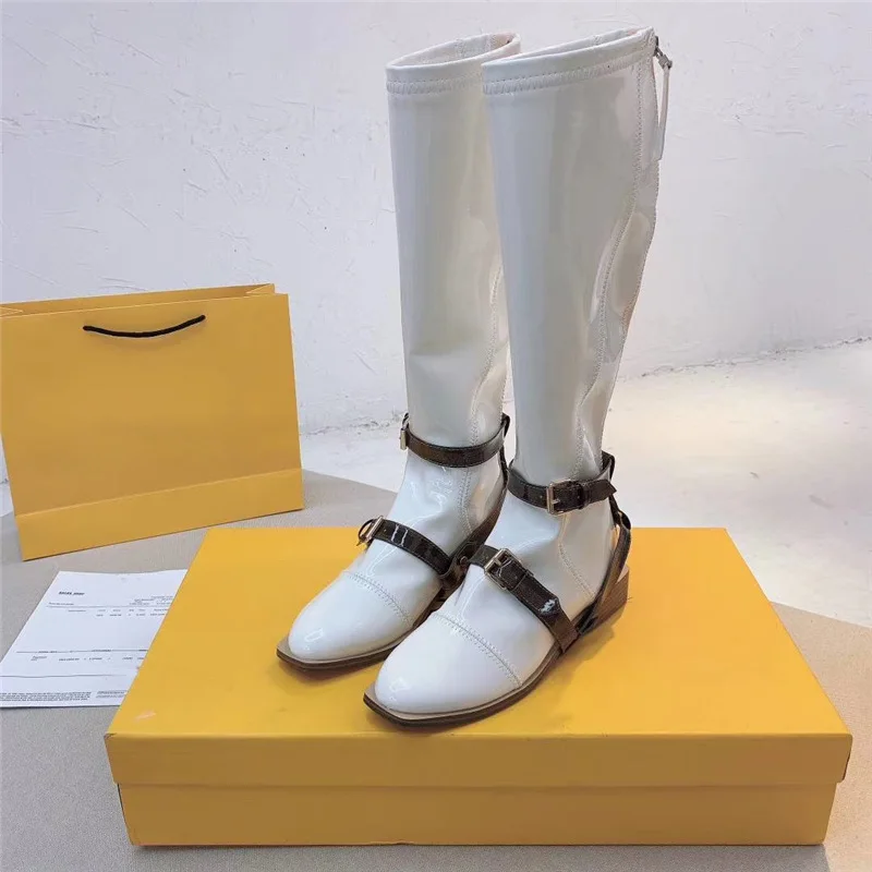 

Женские сапоги выше колена, на молнии, с пряжкой и квадратным носком