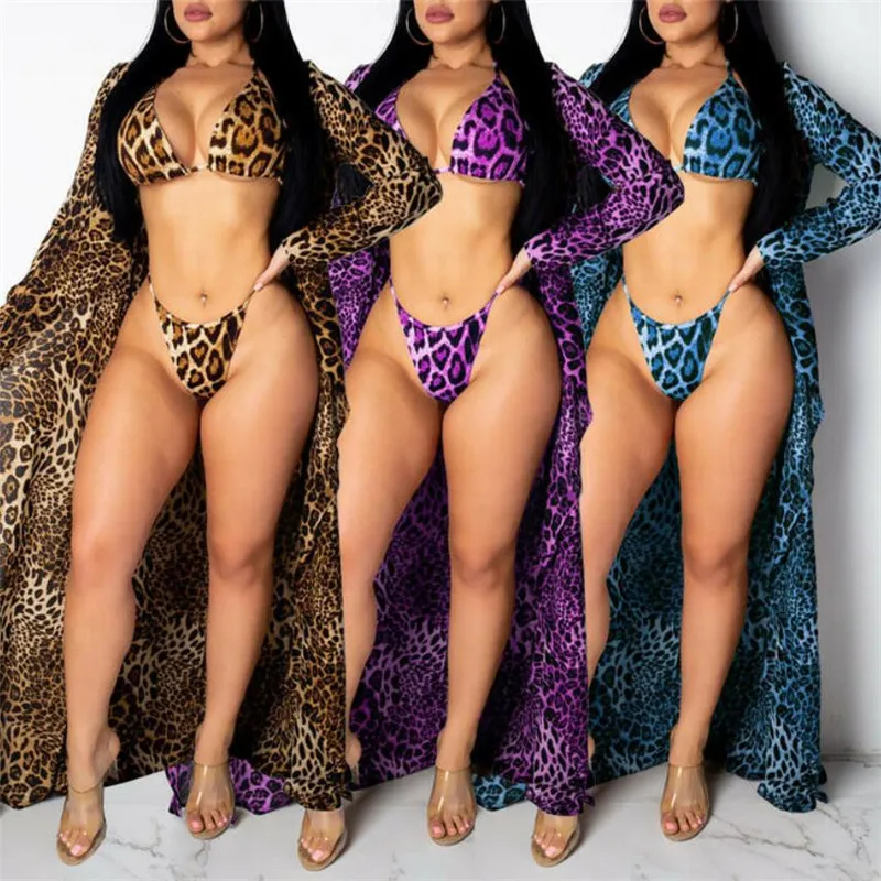 

Women Swimwear High Waisted 3pcs Push Up Padded Bra Leopard Printed Bikini Sets Sexy Newest Hot Sale Cover Up Female Bathing Set