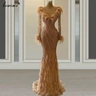 Роскошные золотистые вечерние платья 2021 с бусинами, с длинным рукавом, официальные вечерние платья, выпускные платья с перьями для женщин, Vestido De Fiesta