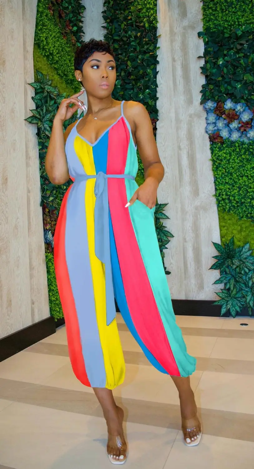 

Bohemian Style Colorful Vertical Striped Loose Long Jumpsuit Hot Sale Summer Casual V Neck Sleeveless Pocket Women's Rompers