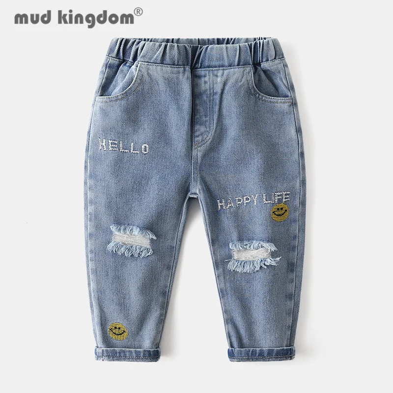 

Mudkingdom Boy Denim Pants Letter Embroidery Smiley Ripped Distrressed Jeans Slant Pocket Elastic Waist Kids Trousers Autumn