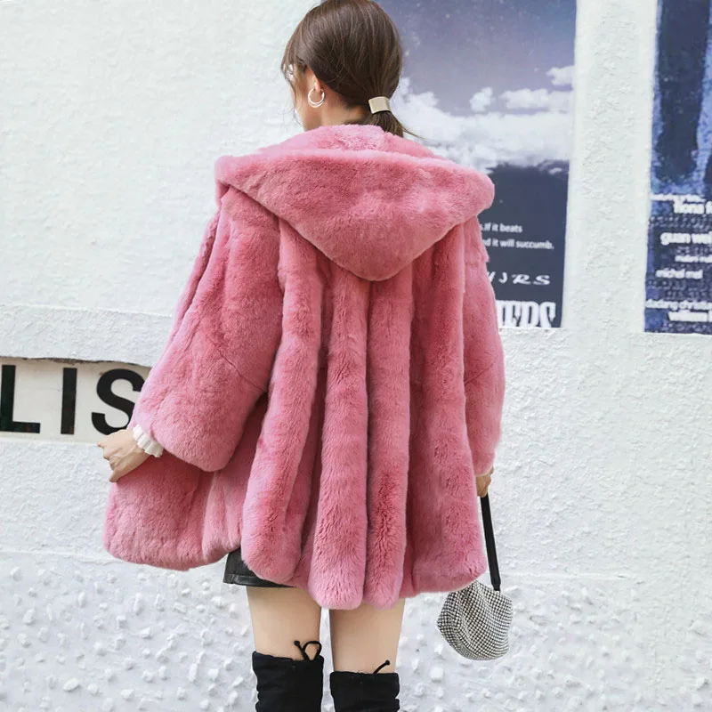 

75cm Rex Rabbit fur Dress coat Coats Outwear Jackets Winter Real Fur Women Hoodie Girls Ladies Womens Pink Wine khaki Black