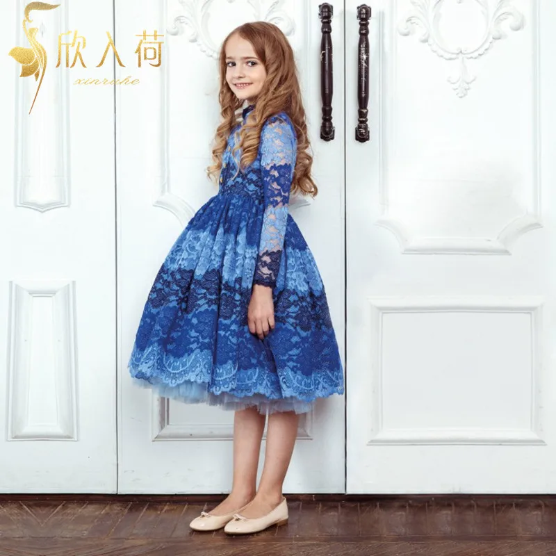 

Long Sleeve Royal Blue Vintage Lace Flower Girls Dresses Royal Blue Lace Girls Birthday Party Celebrity Dresses Knee Length