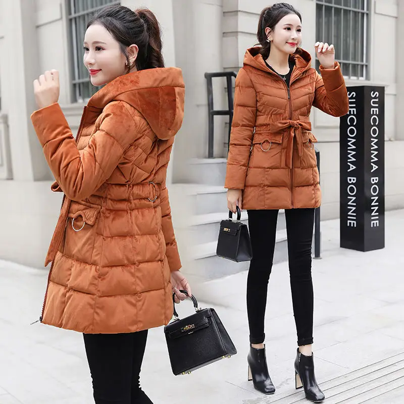 

2021 The new gold velvet cotton-padded women's mid-length lace-up waist is thinner, down cotton jacket, winter warm fashion ja