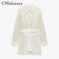 embroidery long sleeve shirt dress 2021 summer hollow dresses women casual solid mini party dress pocket button lace up vestidos