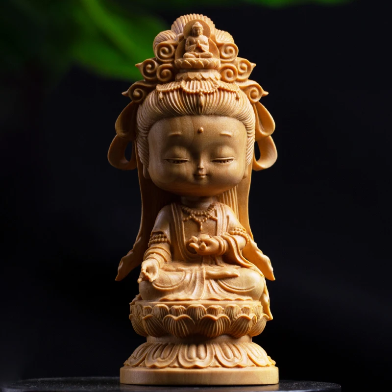

New Woodcarving Cartoon Guanyin Statue Hand Carving Solid Wood Buddhist Feng Shui Home Decoration Accessories Sculpture Figurine